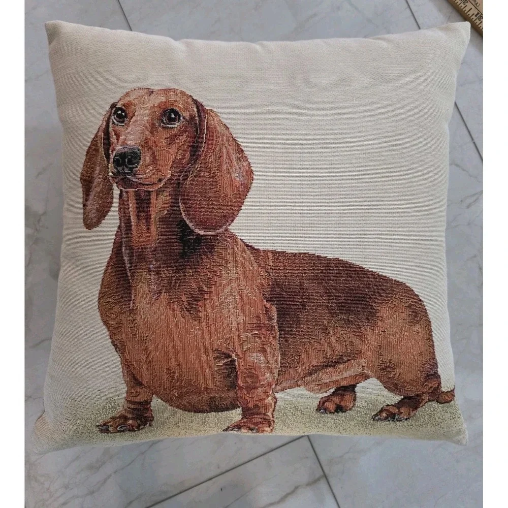 Vtg European Tapestry Dachshund Pillow Cover 16x16 Pickles Wiener Dog Cushion